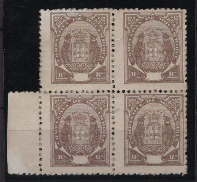 0447.jpg -     Lote:    447            Companhia de Moçambique       Descrição:         1895/1902 &mdash; Elefantes. MF14. Quadra de provas denteadas, em castanho, denteado 11 &frac12;, com taxa omissa.         PRV       Valor Base:     &euro; 15,00     Valor Venda:     &euro;      