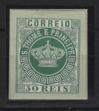 0458.jpg -     Lote:    458            S. Tomé e Príncipe       Descrição:         1870/77 &mdash; Coroa. MF6, 50 reis. Prova de cor em verde sobre papel porcelana verde-claro, não denteada, com margens de luxo. MB e MR.         PRV       Valor Base:     &euro; 20,00     Valor Venda:     &euro;      