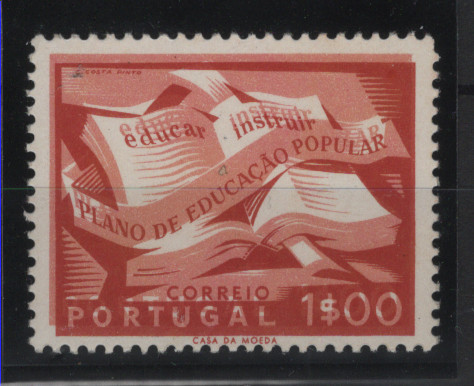 0504.jpg -     Lote:    504            Portugal        Descrição:         1954 &mdash; Campanha de Educação Popular. MF797, 1$00 rosa. Selo com impressão deslocada da cor rosa-escuro, originando duplicação das legendas em dois tons.         ***       Valor Base:     &euro; 8,00     Valor Venda:     &euro;      