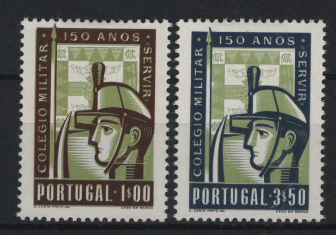 0505.jpg -     Lote:    505            Portugal        Descrição:         1954 &mdash; 150.º Aniversário da Fundação do Colégio Militar. MF 800/01. Série completa com deslocação da cor verde.         **       Valor Base:     &euro; 10,00     Valor Venda:     &euro;      