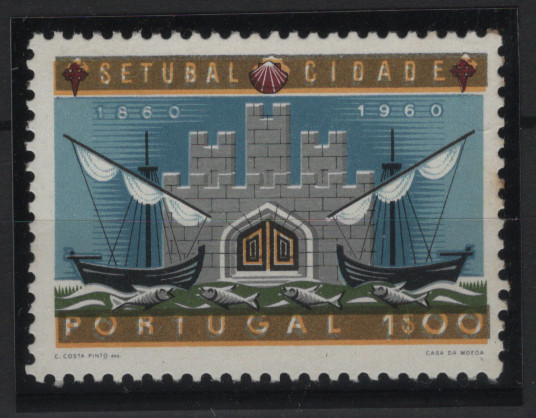 0507.jpg -     Lote:    507            Portugal        Descrição:         1961 &mdash; 1.º Centenário da Elevação de Setúbal a Cidade. MF876, 1$00. Selo com a impressão deslocada da cor dourada.         ***       Valor Base:     &euro; 8,00     Valor Venda:     &euro;      