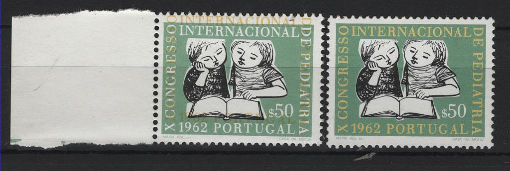 0508.jpg -     Lote:    508            Portugal        Descrição:         1962 &mdash; 10º Congresso Internacional de Pediatria MF894, $50. Selo com impressão deslocada da cor amarela. Acompanha um selo da emissão catalogada. Não catalogado. MB e MR.         ***       Valor Base:     &euro; 10,00     Valor Venda:     &euro;      