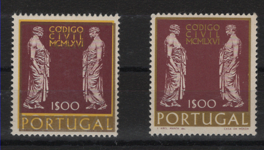 0513.jpg -     Lote:    513            Portugal        Descrição:         1967 &mdash; Novo Código Civil Português. MF1004, 1$00. Selo com impressão deslocada da cor amarela e da legenda do designer e da Casa da Moeda. Acompanha um selo da emissão catalogada. Não catalogado. MB e MR.         ***       Valor Base:     &euro; 10,00     Valor Venda:     &euro;      