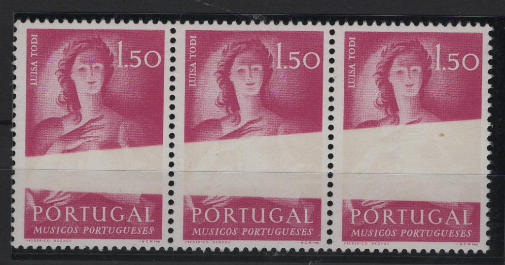 0516.jpg -     Lote:    516            Portugal        Descrição:         1974 &mdash; Músicos Portugueses. MF1224, 1$50. Tiro horizontal de 3 três, com falhas de impressão. MB e MR.         *       Valor Base:     &euro; 20,00     Valor Venda:     &euro;      