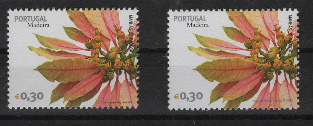 0517.jpg -     Lote:    517            Portugal        Descrição:         2006 &mdash; Flores da Madeira. MF3371, &euro; 0,30. O selo tem o ano 2006, assim como a legenda do designer, com uma letra muito mais pequena que no selo normal. A legenda ocupa apenas 8mm em vez dos 12mm do selo normal. Variedade não catalogada. Acompanha um selo da emissão catalogada         ***       Valor Base:     &euro; 40,00     Valor Venda:     &euro;      