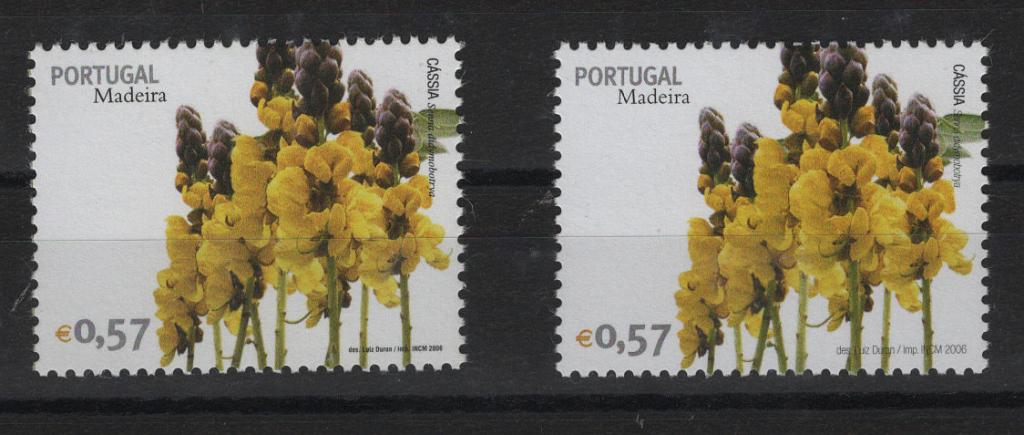 0518.jpg -     Lote:    518            Portugal        Descrição:         2006 &mdash; Flores da Madeira. MF3373, &euro; 0,57. O selo tem o ano 2006, assim como a legenda do designer, com uma letra muito mais pequena que no selo normal. A legenda ocupa apenas 8mm em vez dos 12mm do selo normal. Variedade não catalogada. Acompanha um selo da emissão catalogada         ***       Valor Base:     &euro; 40,00     Valor Venda:     &euro;      