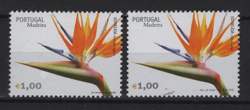 0520.jpg -     Lote:    520            Portugal        Descrição:         2006 &mdash; Flores da Madeira. MF3375, &euro; 1.00 O selo tem o ano 2006, assim como a legenda do designer, com uma letra muito mais pequena que no selo normal. A legenda ocupa apenas 8mm em vez dos 12mm do selo normal. Variedade não catalogada. Acompanha um selo da emissão catalogada         ***       Valor Base:     &euro; 40,00     Valor Venda:     &euro;      