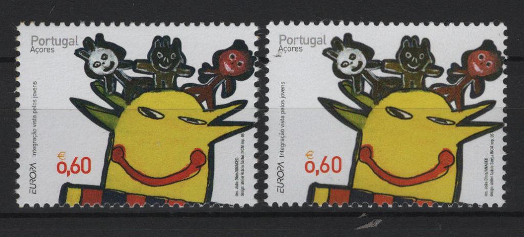 0521.jpg -     Lote:    521            Portugal        Descrição:         2006 &mdash; Europa - Açores. MF3395 denteado 12 &frac12; na vertical (19 dentes) em vez do selo normal que tem denteado 12 (18 dentes). Não catalogado. Acompanha um selo da emissão catalogada         ***       Valor Base:     &euro; 40,00     Valor Venda:     &euro;      