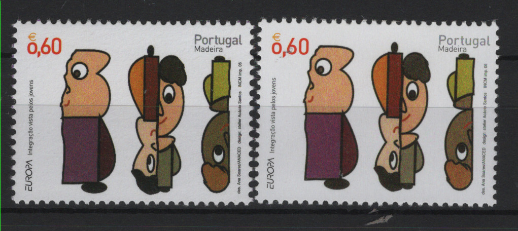 0522.jpg -     Lote:    522            Portugal        Descrição:         2006 &mdash; Europa - Madeira. MF3396 denteado 12 &frac12; na vertical (19 dentes) em vez do selo normal que tem denteado 12 (18 dentes). Não catalogado. Acompanha um selo da emissão catalogada.         ***       Valor Base:     &euro; 40,00     Valor Venda:     &euro;      