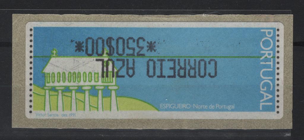 0523.jpg -     Lote:    523            Portugal        Descrição:         1993 &mdash; Espigueiro. Máquina CROUZET, com pontos de leitura óptica. MF ETQ4. Etiqueta com a taxa de 350$00 / Correio Azul invertida. Valor de catálogo &euro; 371,00.         ETQ       Valor Base:     &euro; 35,00     Valor Venda:     &euro;      