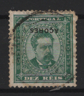 0529.jpg -     Lote:    529            Açores       Descrição:         1884/87 &mdash; D. Luís I. De frente. Selos do Continente com sobrecarga AÇORES. MF53, 10 reis, denteado 13 &frac12;. Selo com a sobrecarga a preto invertida.         O       Valor Base:     &euro; 8,00     Valor Venda:     &euro;      