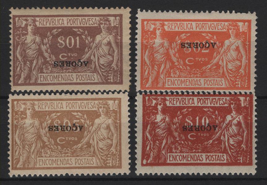 0532.jpg -     Lote:    532            Açores       Descrição:         192&frac12;3 &mdash; Encomendas Postais. Comércio e Indústria. Selos do Continente com sobrecarga "AÇORES". MF EP&frac14;, $01, $02, $05 e $10. Todos com a sobrecarga invertida.         **/*       Valor Base:     &euro; 10,00     Valor Venda:     &euro;      