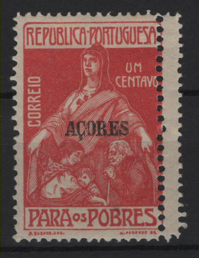 0533.jpg -     Lote:    533            Açores       Descrição:         1915/24 &mdash; Imposto Postal. Para os Pobres. Selos do Continente com sobrecarga "AÇORES". MF IP5, 1C. Selo com duplo denteado na margem direita.         **       Valor Base:     &euro; 8,00     Valor Venda:     &euro;      