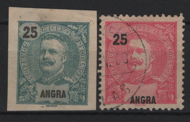 0536.jpg -     Lote:    536            Angra       Descrição:         1897/1898 &mdash; D. Carlos I Mouchon. MF18, 25 reis verde, não denteado + MF28, 25 reis carmim com impressão deslocada da taxa e legenda.         */O       Valor Base:     &euro; 12,00     Valor Venda:     &euro;      