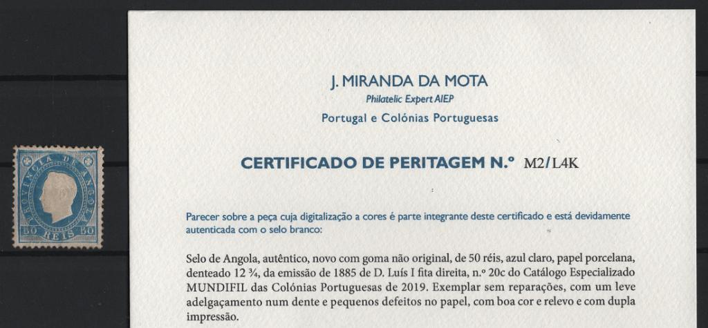 0537.jpg -     Lote:    537            Angola       Descrição:         1886 &mdash; D. Luís I. Fita direita. MF20, 50 reis azul claro. Selo com dupla impressão da moldura. Vestígios de óxido no verso e dente com adelgaçamento. Valor de catálogo &euro; 330,00.         **       Valor Base:     &euro; 75,00     Valor Venda:     &euro;      