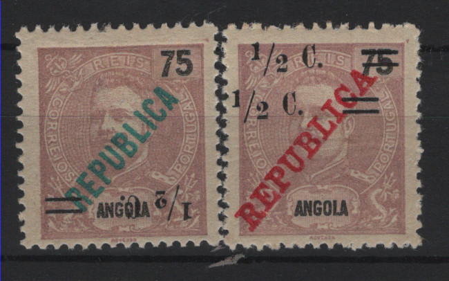 0538.jpg -     Lote:    538            Angola       Descrição:         1919 &mdash; D. Carlos I com sobrecarga REPUBLICA local e sobretaxa + D. Carlos I, com sobrecarga REPUBLICA da Casa da Moeda e sobretaxa. Lote de dois selos: MF192, &frac12; c s/ 75 reis com sobretaxa invertida (não catalogada) e MF188 &frac12; c s/ 75 reis com dupla sobretaxa (não catalogada).         **       Valor Base:     &euro; 20,00     Valor Venda:     &euro;      