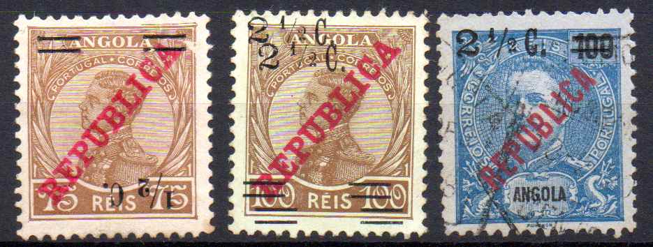 0539.jpg -     Lote:    539            Angola       Descrição:         1919 &mdash; D. Manuel II e D. Carlos I, com sobrecargas REPUBLICA e sobretaxa. Lote de 3 selos: &frac12; c. s/ 75 reis. MF190 com sobretaxa invertida não catalogada; 2 &frac12; c. s/ 100 reis. MF191 com sobretaxa dupla e 2 &frac12; c. s/ 100 eis. CE193 com "CA" de "REPÚBLICA" subido.         */O       Valor Base:     &euro; 15,00     Valor Venda:     &euro;      