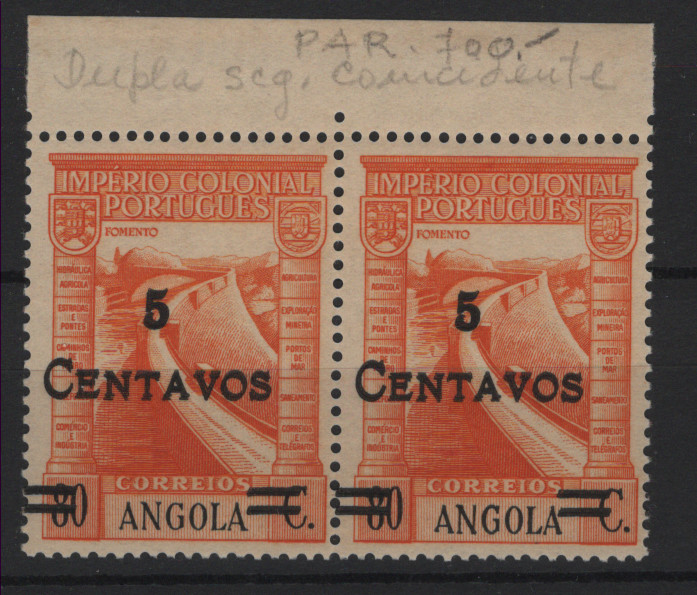 0540.jpg -     Lote:    540            Angola       Descrição:         1945/46 &mdash; Império Colonial Português, com sobretaxa. MF286, 5C s/ 80C. Par horizontal, bordo de folha, com dupla sobretaxa, quase coincidentes.         ***       Valor Base:     &euro; 10,00     Valor Venda:     &euro;      