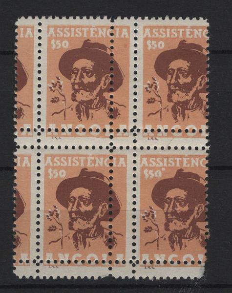 0546.jpg -     Lote:    546            Angola       Descrição:         1965 &mdash; Imposto Postal. ASSISTÊNCIA. Colono. Tipos modificados. MF IP20, $50. Quadra com duplo denteado.         ***       Valor Base:     &euro; 8,00     Valor Venda:     &euro;      