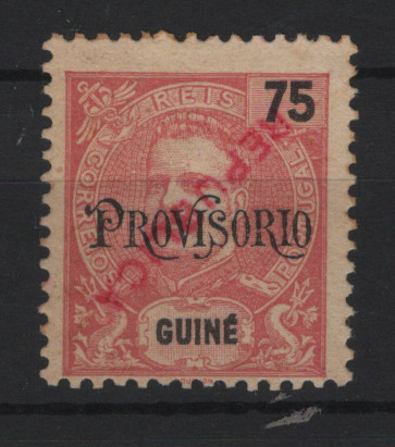 0548.jpg -     Lote:    548            Guiné       Descrição:         1913 &mdash; D. Carlos I, com sobrecarga REPUBLICA, tipografada localmente. MF 142, 75 reis PROVISORIO. Selo com a sobrecarga INVERTIDA. NÃO CATALOGADA.         *       Valor Base:     &euro; 35,00     Valor Venda:     &euro;      
