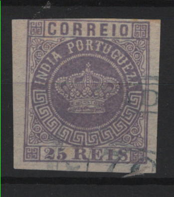0550.jpg -     Lote:    550            Índia       Descrição:         1881 &mdash; Coroa. Novas cores. MF59, 25 reis violeta. Falso "FOURNIER" não denteado e com obliteração também falsa.         O       Valor Base:     &euro; 5,00     Valor Venda:     &euro;      