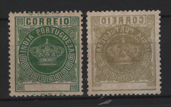 0555.jpg -     Lote:    555            Índia       Descrição:         1882 &mdash; Coroa. Valores em moeda local. MF116/117. Lote de dois selos: 4 &frac12; reis com impressão retro-verso, sem impressão da taxa no verso e com impressão da taxa na frente + 6 reis sem impressão da taxa.         **/*       Valor Base:     &euro; 20,00     Valor Venda:     &euro;      