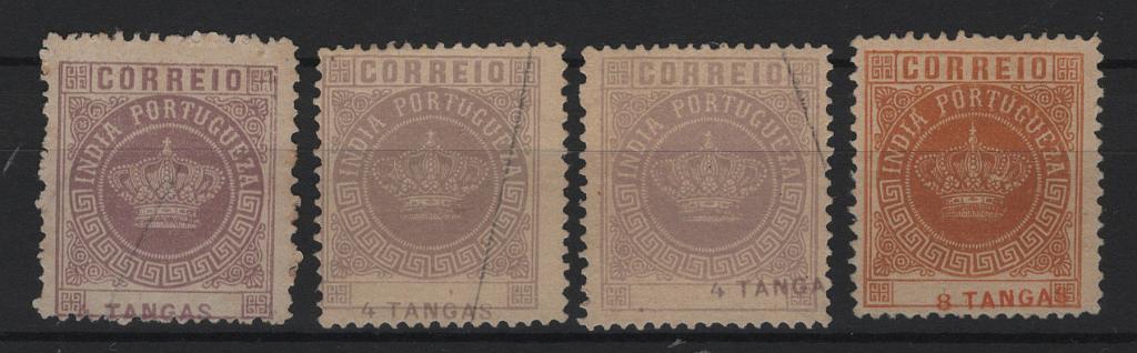 0556.jpg -     Lote:    556            Índia       Descrição:         1882 &mdash; Coroa. Valores em moeda local. MF120/121. Lote de quatro selos com a impressão deslocada da taxa, sem do 3 do valor de 4T e um de 8T          *       Valor Base:     &euro; 20,00     Valor Venda:     &euro;      
