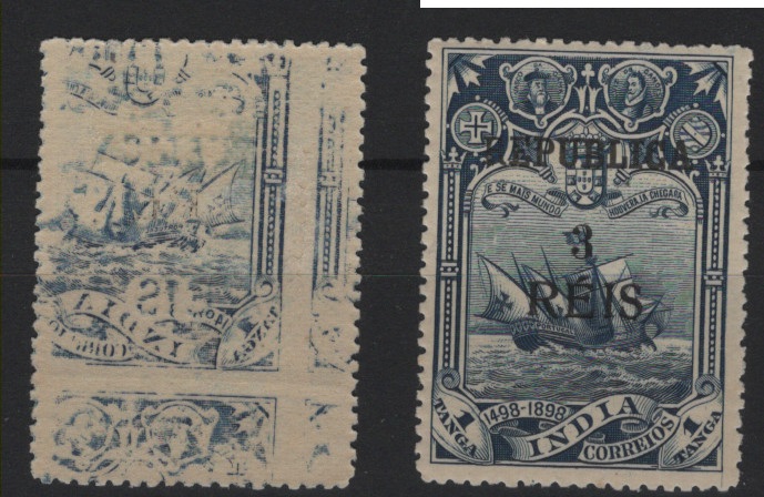 0558.jpg -     Lote:    558            Índia       Descrição:         1914 &mdash; 4.º Centenário da Descoberta do Caminho Marítimo para a Índia, com sobrecarga "REPUBLICA" e sobretaxa, tipografadas localmente. MF307, 3 reis s/ 1 Tg azul. Selo com impressão retro-verso por decalque.         ***       Valor Base:     &euro; 10,00     Valor Venda:     &euro;      