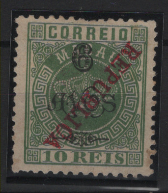 0565.jpg -     Lote:    565            Macau       Descrição:         1913 &mdash; Coroa, com sobrecarga REPUBLICA tipografada localmente. MF165b, 6 avos s/ 10 reis. Selo com a sobrecarga INVERTIDA. Ligeira transparência. Valor de catálogo &euro; 220,00.         **       Valor Base:     &euro; 50,00     Valor Venda:     &euro;      