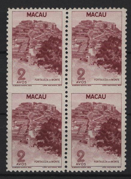0568.jpg -     Lote:    568            Macau       Descrição:         1948 &mdash; Motivos Locais. MF328, 2 avos. Quadra com falta de denteado horizontal entre as duas filas de selos. MB e MR.         ***       Valor Base:     &euro; 40,00     Valor Venda:     &euro;      