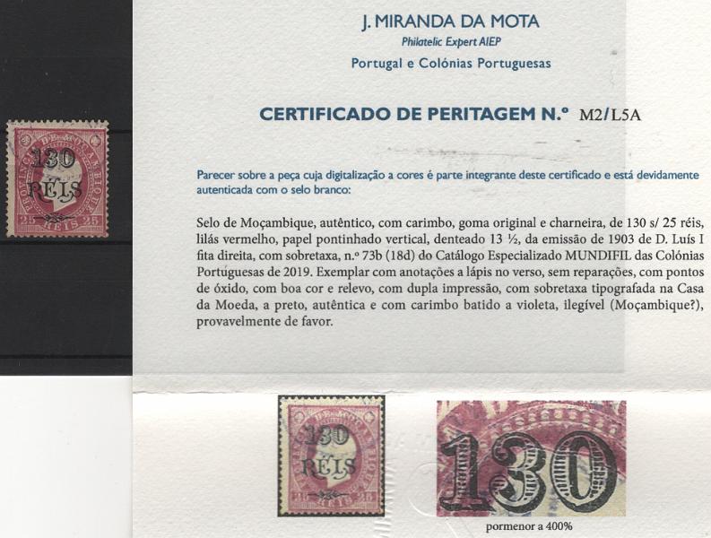 0570.jpg -     Lote:    570            Moçambique       Descrição:         1903 &mdash; D. Luís I, fita direita, com sobretaxa. MF73b (18d), papel pontinhado vertical, denteado 13 &frac12;. Selo com boa cor, sem reparações, com pontos de óxido no verso e dupla impressão. Valor de catálogo &euro; 180,00. Certificado de Peritagem de J. Miranda da Mota.         **       Valor Base:     &euro; 35,00     Valor Venda:     &euro;      