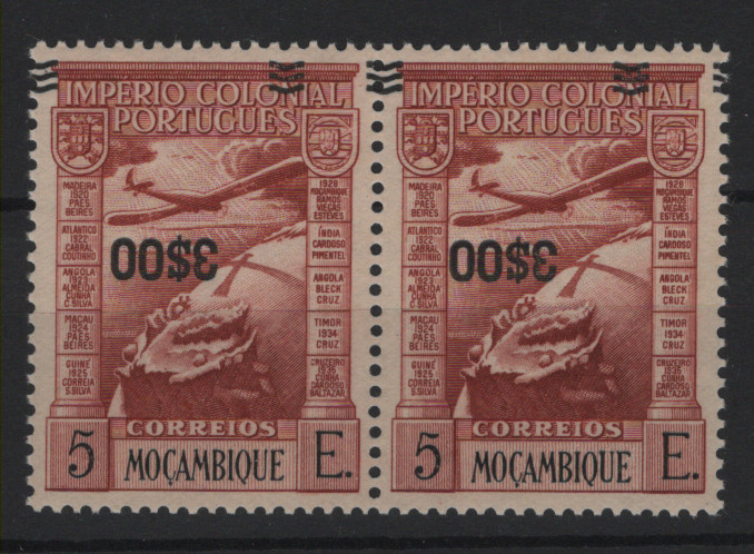 0574.jpg -     Lote:    574            Moçambique       Descrição:         1946 &mdash; Correio Aéreo. Império Colonial Português, com sobretaxa. MF CA10, 3$00 s/ 5E. Par horizontal com a SOBRETAXA INVERTIDA. Valor de catálogo &euro; 140,00.         ***       Valor Base:     &euro; 25,00     Valor Venda:     &euro;      