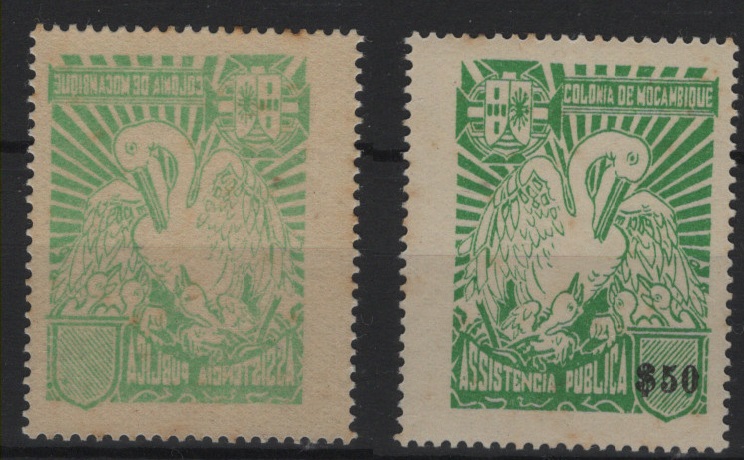 0576.jpg -     Lote:    576            Moçambique       Descrição:         1943/51 &mdash; Imposto Postal. Assistência Pública. Pelicano com legenda "COLÓNIAS DE MOÇAMBIQUE". MF IP53, $50. Selo com impressão retro e verso por decalque.          ***       Valor Base:     &euro; 12,00     Valor Venda:     &euro;      