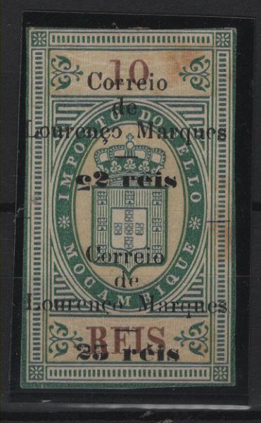 0578.jpg -     Lote:    578            Lourenço Marques       Descrição:         1899 &mdash; Selos fiscais de Moçambique, com sobretaxa. MF48, 25 s/10 reis. Selos com "25" invertido. Valor de catálogo &euro; 150,00.         *       Valor Base:     &euro; 25,00     Valor Venda:     &euro;      