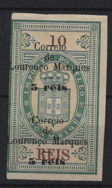 0579.jpg -     Lote:    579            Lourenço Marques       Descrição:         1899 &mdash; Selos fiscais de Moçambique, com sobretaxa. MF47, 5 reis s/ 10 reis. Selo completo sem impressão (quase total) do traço separador. Não catalogado.         *       Valor Base:     &euro; 15,00     Valor Venda:     &euro;      