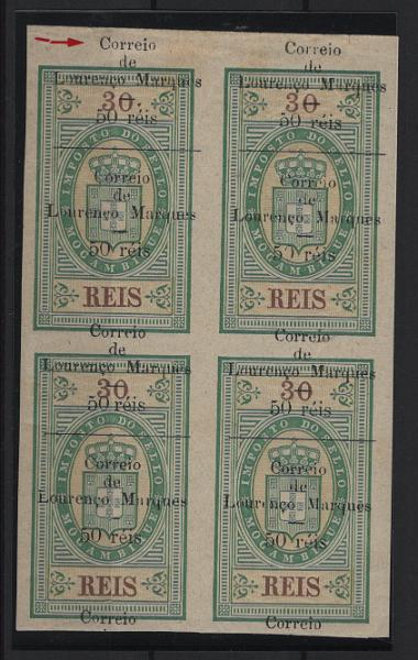 0580.jpg -     Lote:    580            Lourenço Marques       Descrição:         1899 &mdash; Selos fiscais de Moçambique, com sobretaxa. MF49, 50 s/30 reis. Quadra com sobretaxa DESLOCADA. Não catalogada.         *       Valor Base:     &euro; 25,00     Valor Venda:     &euro;      
