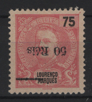 0581.jpg -     Lote:    581            Lourenço Marques       Descrição:         1899 &mdash; D. Carlos I, Mouchon, Com sobretaxa. MF51, 50 s/ 75 reis carmim. Selo com a sobretaxa invertida. Valor de catálogo &euro; 85,00.         *       Valor Base:     &euro; 20,00     Valor Venda:     &euro;      