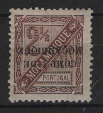 0583.jpg -     Lote:    583            Companhia de Moçambique       Descrição:         1894 &mdash; D. Carlos I. Selos de Moçambique com sobrecarga "COMP.ª DE MOÇAMBIQUE". MF10, 2 &frac12; reis, denteado 11 &frac12;. Selo com sobrecarga invertida. Valor de catálogo &euro; 40,00.          **       Valor Base:     &euro; 10,00     Valor Venda:     &euro;      