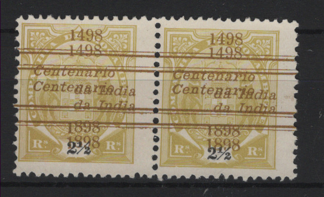 0584.jpg -     Lote:    584            Companhia de Moçambique       Descrição:         1898 &mdash; Tipo Elefantes, com sobrecarga do Centenário da Índia. MF29, 2 &frac12; reis. Par horizontal com dupla sobrecarga. Valor de catálogo &euro; 180,00.         *       Valor Base:     &euro; 35,00     Valor Venda:     &euro;      