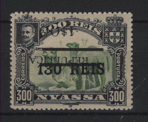 0586.jpg -     Lote:    586            Companhia do Niassa       Descrição:         1918 &mdash; D. Carlos I (Camelo e Girafa), com sobrecarga REPUBLICA e sobretaxa litografadas a preto. MF81, 1$00 s/ 130 reis s/ 300 reis. Selo com a sobrecarga e sobretaxa invertidas. Valor de catálogo &euro; 55.00.         **       Valor Base:     &euro; 15,00     Valor Venda:     &euro;      