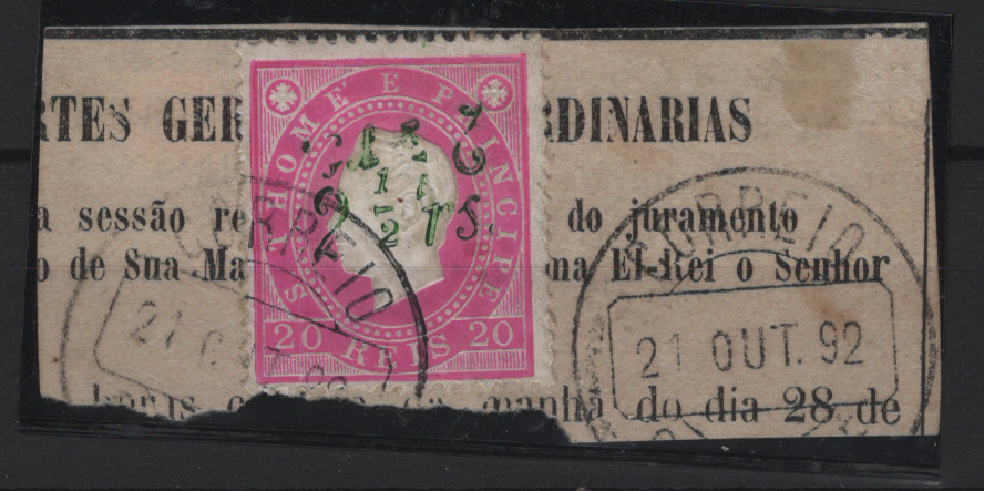 0591.jpg -     Lote:    591            S. Tomé e Príncipe       Descrição:         D. Luis I, fita direita, com sobretaxa. MF29c, 2 &frac12; reis s/ 20 reis, sobrecarga 2, a verde, sobre fragmento de jornal, com marca de S. Tomé (21.10.92). Selo com DUPLA sibrecarga, uma delas INVERTIDA. MR e MB.         FRG       Valor Base:     &euro; 100,00     Valor Venda:     &euro;      