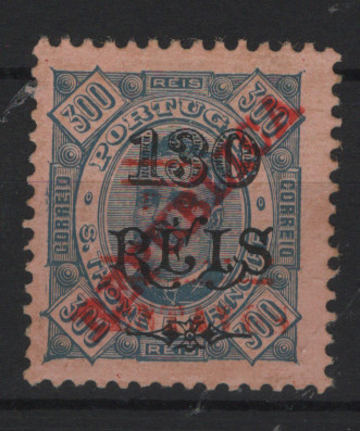 0596.jpg -     Lote:    596            S. Tomé e Príncipe       Descrição:         1923 &mdash; D. Carlos I, tipo Diogo Neto. Selos de 1915, com sobretaxa. MF265, 10c s/ 130 s/ 300 reis. Selo sem impressão da palavra "DEZ" na sobretaxa. Valor de catálogo &euro; 60.00.         *       Valor Base:     &euro; 15,00     Valor Venda:     &euro;      
