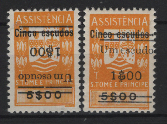 0598.jpg -     Lote:    598            S. Tomé e Príncipe       Descrição:         1965 &mdash; Imposto Postal. ASSISTÊNCIA, com sobretaxa. MF IP21, Um escudo s/ 5$00. Lote de dois selos: um com a sobretaxa invertida e outro com a sobretaxa deslocada.         ***       Valor Base:     &euro; 12,00     Valor Venda:     &euro;      