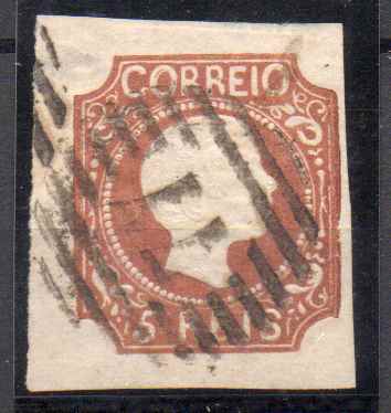 0860.jpg -     Lote:    860            Portugal       Descrição:         1856/58 &mdash; D. Pedro V. Cabelos anelados. MF10, 5 reis, castanho amarelo, cunho VIII, com 3 margens de luxo e uma curta. Valor de catálogo &euro; 245,00.         O       Valor Base:     &euro; 22,00     Valor Venda:     &euro;      