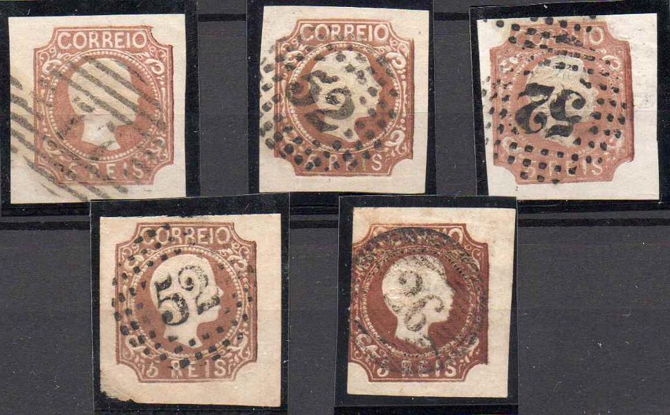 0864.jpg -     Lote:    864            Portugal       Descrição:         1856/58 &mdash; D. Pedro V. Cabelos anelados. MF10, 5 reis. Lote com 5 selos, dos quais dois com margens de luxo. Bom lote para estudo de tonalidades e cunhos. Valor aproximado de catálogo &euro; 750,00.         O       Valor Base:     &euro; 45,00     Valor Venda:     &euro;      