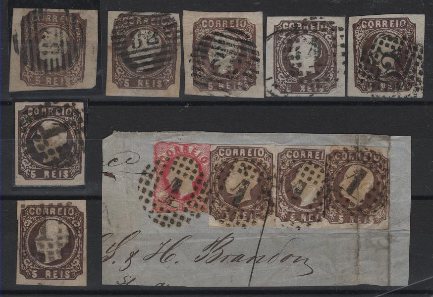 0872.jpg -     Lote:    872            Portugal       Descrição:         1862/64 &mdash; D. Luís I. MF14 + 16, 5 + 25 reis. Lote composto por 8 selos isolados de 5 reis + fragmento com 3 selos de 5 reis e um de 25 reis. Alguns deles com boas margens.         O       Valor Base:     &euro; 25,00     Valor Venda:     &euro;      