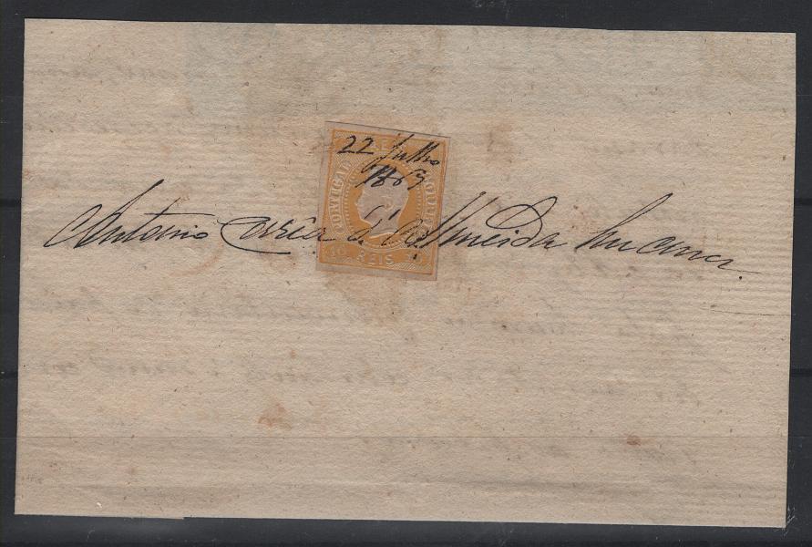 0875.jpg -     Lote:    875            Portugal       Descrição:         1866/67 &mdash; D. Luís I. Fita curva, não denteados. MF20, 10 reis amarelo, sobre grande fragmento de processo judicial. Utilização fiscal.         FRG       Valor Base:     &euro; 170,00     Valor Venda:     &euro;      
