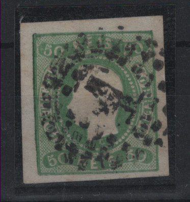 0881.jpg -     Lote:    881            Portugal       Descrição:         1866/67 &mdash; D. Luís I. Fita curva, não denteados. MF23, 50 reis verde, com margens de luxo. Valor de catálogo &euro; 120,00.         O       Valor Base:     &euro; 20,00     Valor Venda:     &euro;      