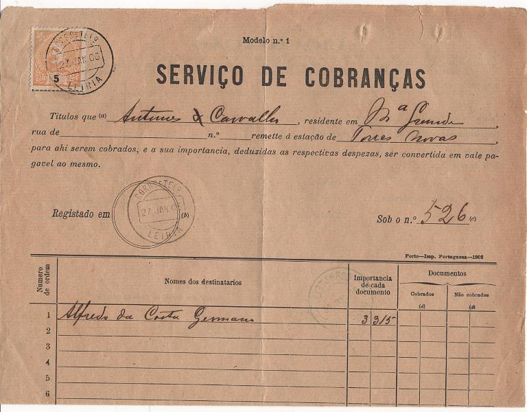 0985.jpg -     Lote:    985            Portugal       Descrição:         1895/96 &mdash; D. Carlos I Mouchon. MF127, 5 reis em impresso Mod. 1 do Serviço de Cobranças com marcas de dia de Leiria e Torres Novas de 28.01.1906.         IMP       Valor Base:     &euro; 15,00     Valor Venda:     &euro;      