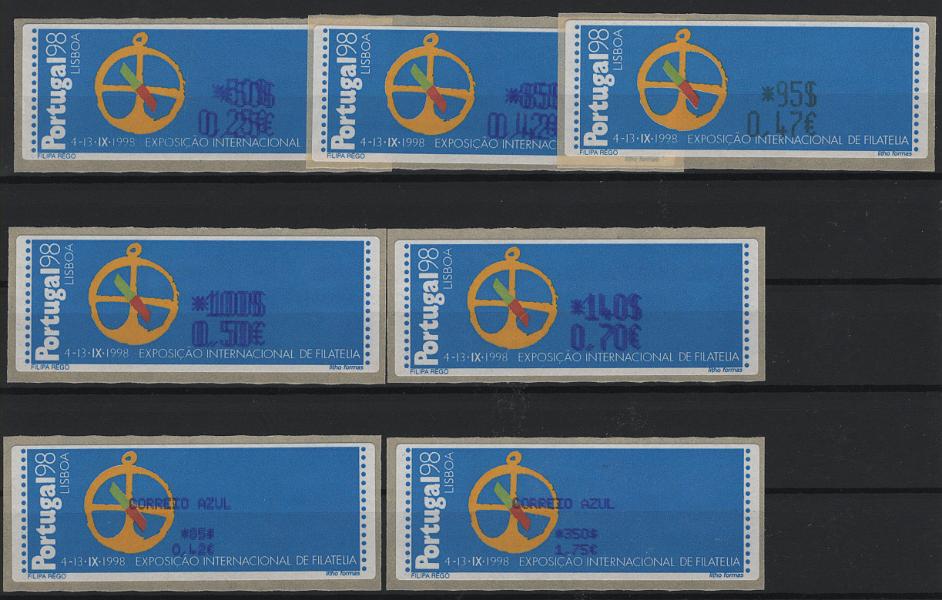 1097.jpg -     Lote:    1097            Portugal       Descrição:         1999 &mdash; Portugal'98. Máquina CROUZET. Dupla fixação de taxa. MF ETQ14B. Lote de 7 etiquetas: 50$/&euro;0,25 + 85$/&euro;0,42 + 100$/&euro;0,50 + 140$/&euro;0,70 + CORREIO AZUL 85$/&euro;0,42 com dupla impressão a violeta + CORREIO AZUL 350$/&euro;1,75 a violeta + 95$/&euro;0,47 a preto. Série normal cota &euro;700,00.         ETQ       Valor Base:     &euro; 100,00     Valor Venda:     &euro;      